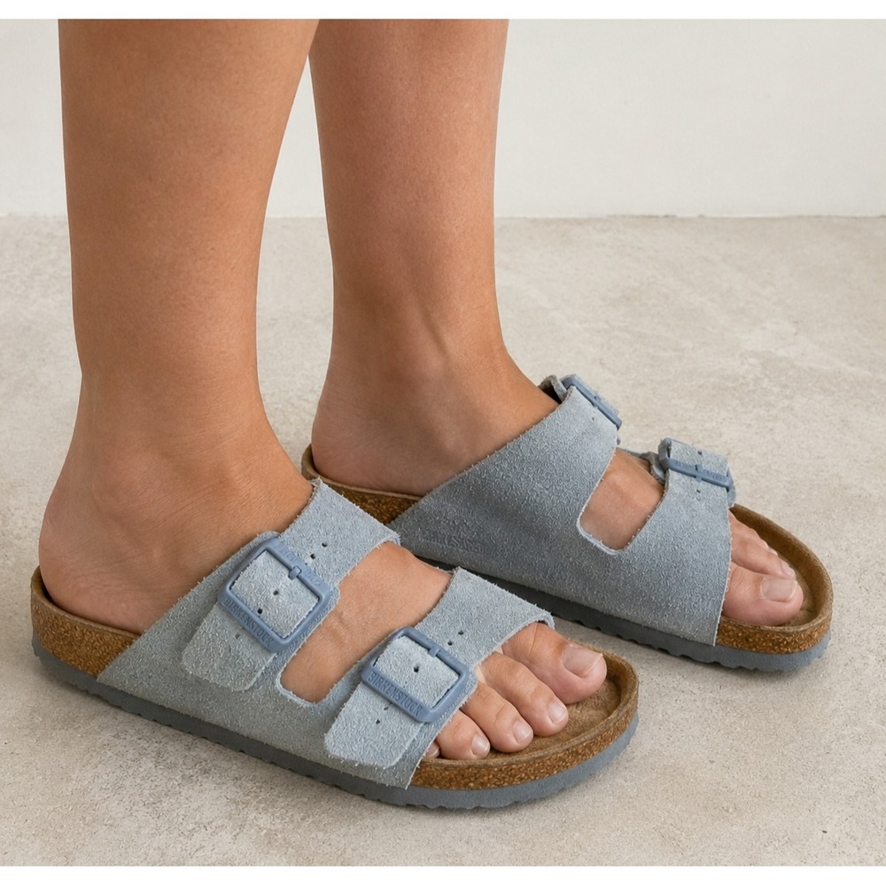 Birkenstock Arizona Soft Footbed Suede Sandals Buckle Blue Slides Size 38 L7 M9